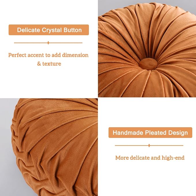 HIG Set of 2 Rust Velvet Decorative Round Pleated Throw Pillows | Vintage Floor - Image 3