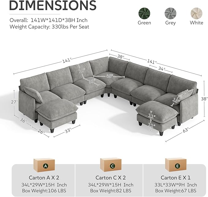 Ihanherry 141" Oversized V-Shaped Modular Sectional Couch, 9-Seater Cloud Sofa - Image 8