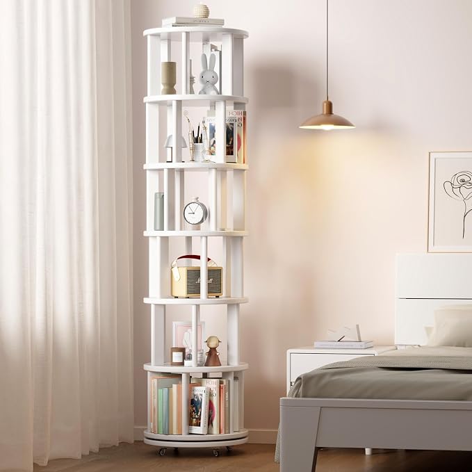 Muwuele Solid Wood Rotating Bookshelf on Wheels, 6 Tier, Round Revolving - Image 8