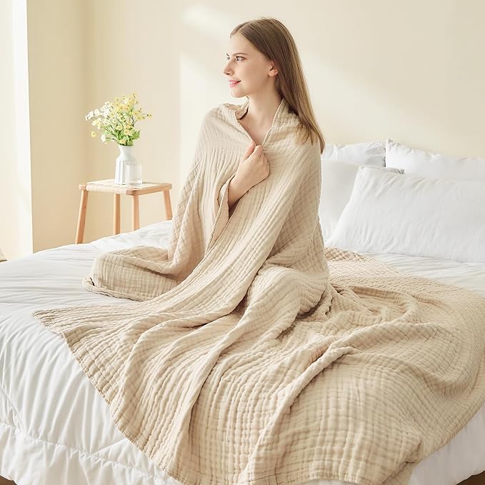 EMME Cotton Blanket Queen Size for Bed Soft Muslin Bed Blankets 90"x90" Beige - Image 3