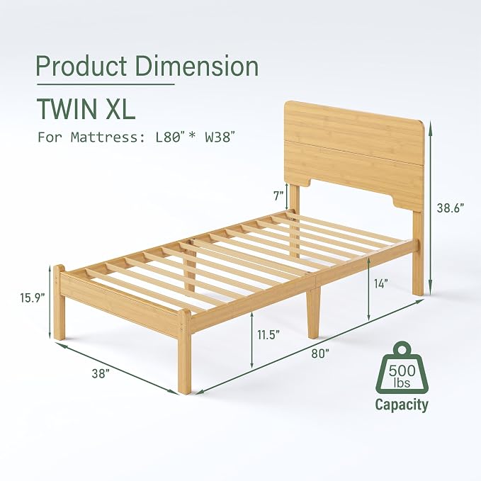 BOSRII 14in High Solid Bamboo Wood Platform Twin XL Bed Frame - Image 2