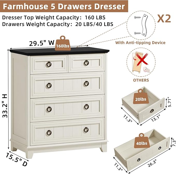 Joaxswe Farmhouse 5 Drawer Dresser - Image 2
