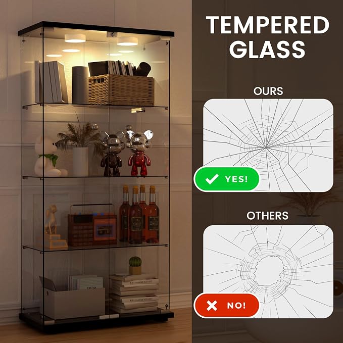 Display Cabinet with Light, Glass Door and Lock, 4-Shelf Fast Installation in - Image 5