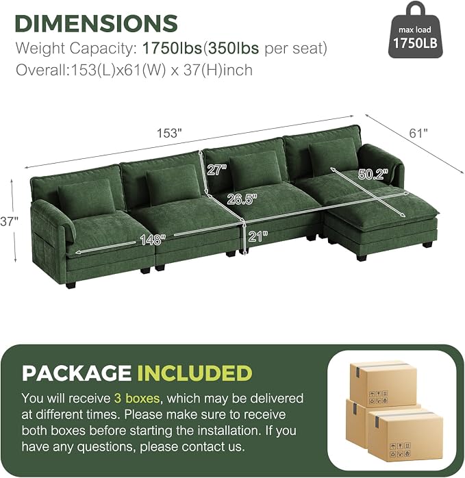ELUCHANG Oversized 153" Modular Sectional Sofa, Comfy Cloud Couch, L Shaped - Image 2