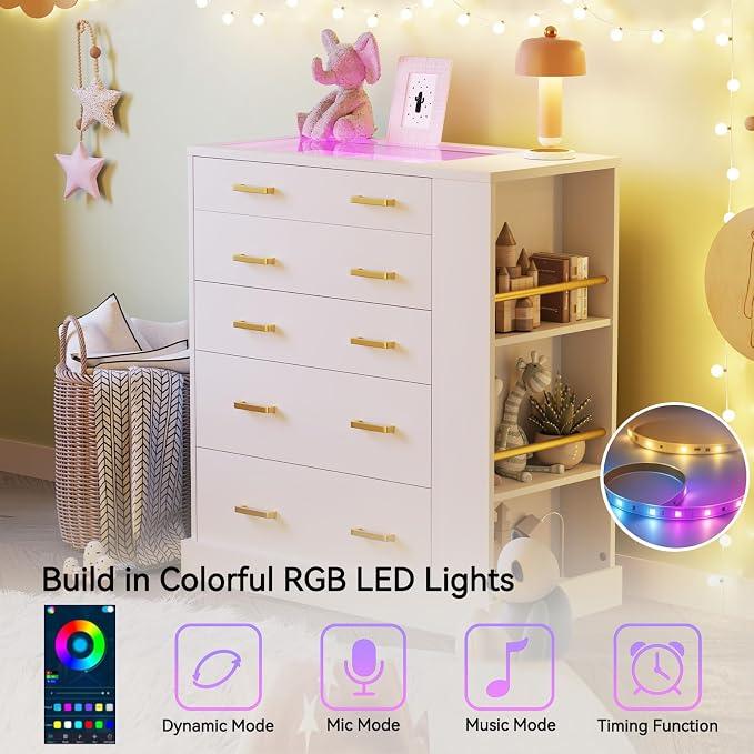 Drawer Dresser with LED Lights and Open Shelves, Modern Tall Chest of Drawers - Image 7