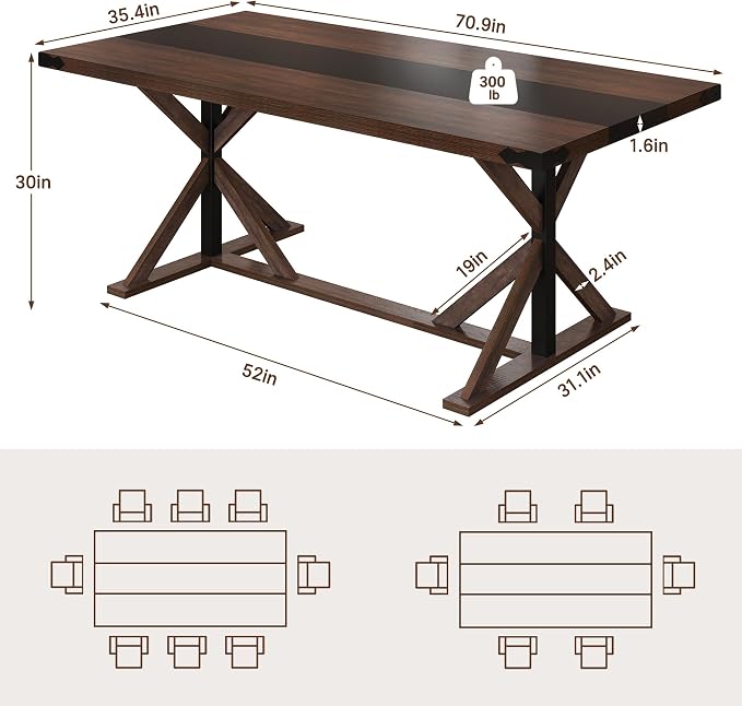 Hlivelood 71 Inch Dining Table for 6 People, Rectangular Kitchen Farmhouse - Image 2