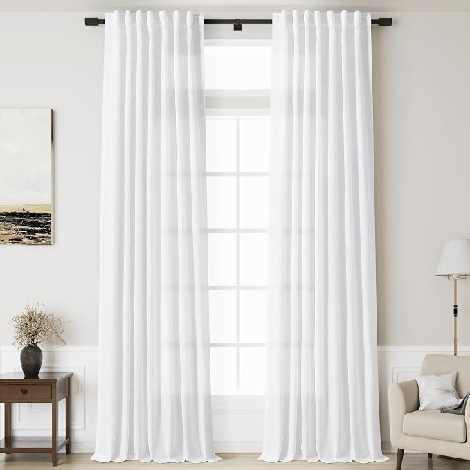 Linen White Curtains for Living Room Extra Long Back Tab Light Filtering Semi by Nanspring