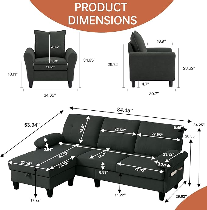 2PCS Sectional Sofa Set with Ottoman, Modern Linen 4 Seater Couch Set with Side - Image 2