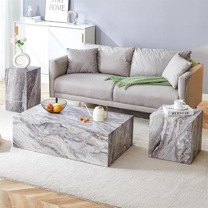 Coffee Table Set for 3, Living Room Table Set, Faux Marble Coffee Table and - Image 3