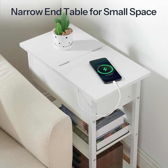 HOOBRO End Table with Charging Station, Narrow Side Table, Flip Top Nightstand - Image 4
