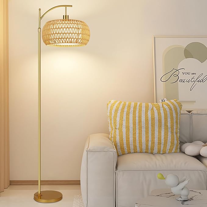 ZECOXOL Gold Floor Lamps for Living Room Rattan Boho Floor Lamp - Image 3
