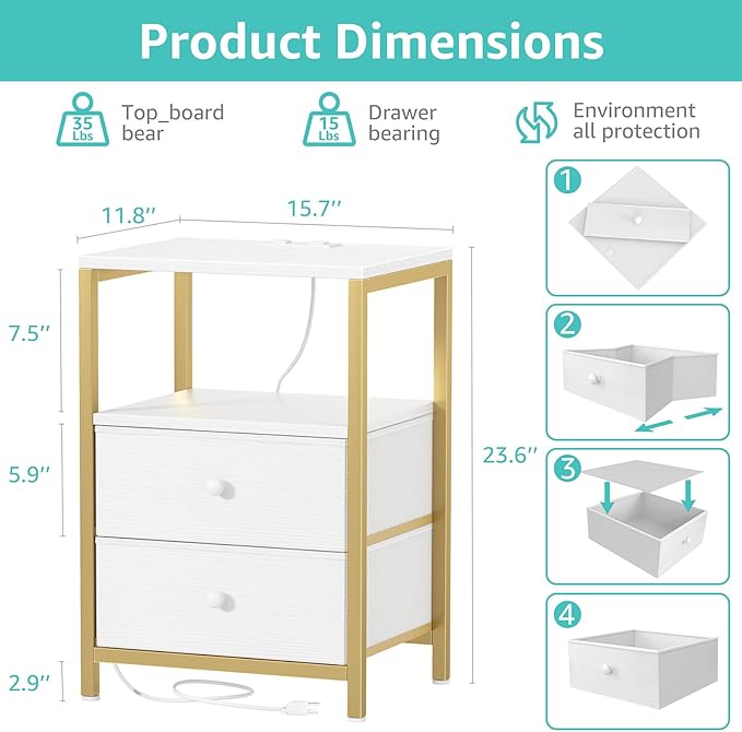 BOLUO Nightstand with Charging Station, LED Night Stand with 2 Fabric Drawers - Image 3