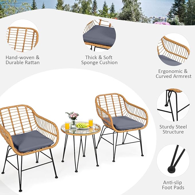 Tangkula 3 Pieces Patio Bistro Set, Rattan Conversation Set - Image 6