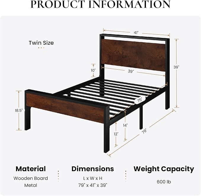SHA CERLIN 14 Inch Twin Size Metal Platform Bed Frame - Image 2