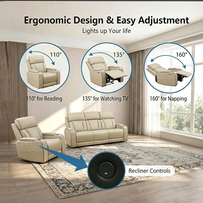 Power Recliner Sofa Set with LED Lights, Includes a Manual Recliner 1 Seat and - Image 2
