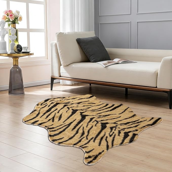 Tiger Print Rug, Faux Cowhide Area Rug Animal Printed Carpet Skin Fur Luxury - Image 4