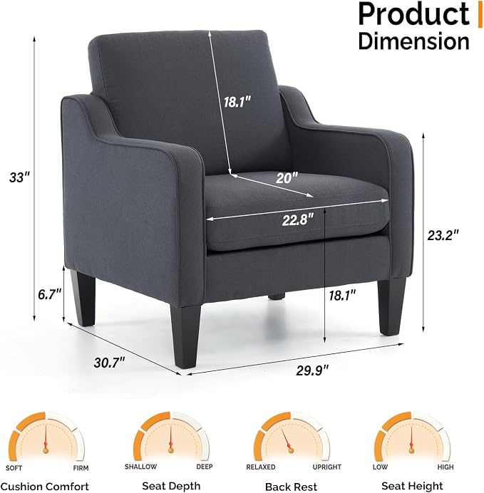 VINGLI Mid-Century Modern Accent Chair, Dark Grey Linen Upholstered, - Image 2
