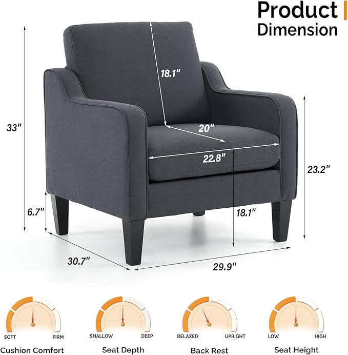 VINGLI Accent Chairs Set of 2 Living Room Chairs Dark Grey Reading Chair - Image 2