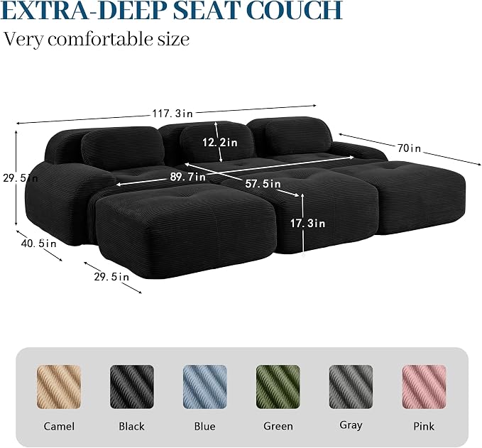 Boneless Sectional Couch, No Assembly Required, 117.3” Modular Cloud Sofa - Image 3
