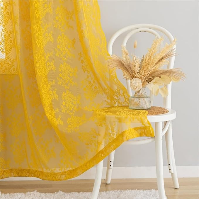 YJ YANJUN Vintage Lace Curtains 72 Inches Long-Victorian Floral Pattern Mustard - Image 3
