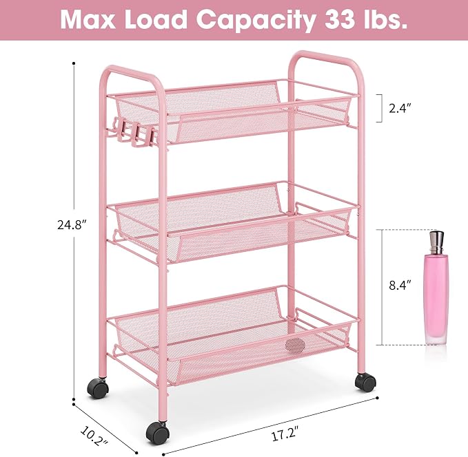 TOOLF 3 Tier Rolling Cart Pink - Image 6