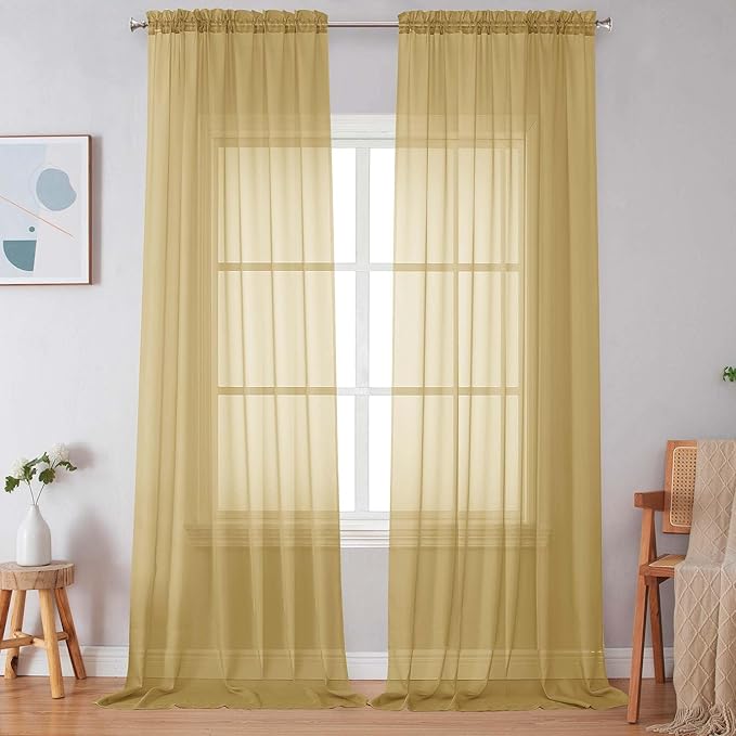 Simplebrand Gold Sheer Curtains 108 Inches Long, Extra Long Rod Pocket Solid by Simplebrand