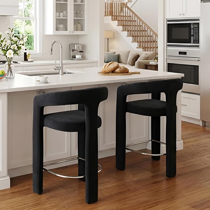 HNY 26 Inch Modern Tall Barrel Bar Stools Set of 2, Velvet Upholstered Barstools - Image 7