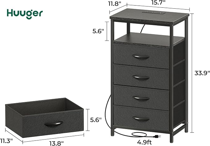 Huuger Night Stand with Charging Station, 4 Drawer Dresser - Image 3