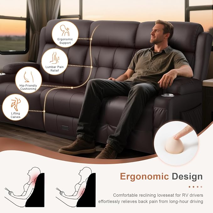 RV Loveseat Recliner Sofa, Built-in Power Strip, Massage Wall Hugger 3-Seater - Image 8