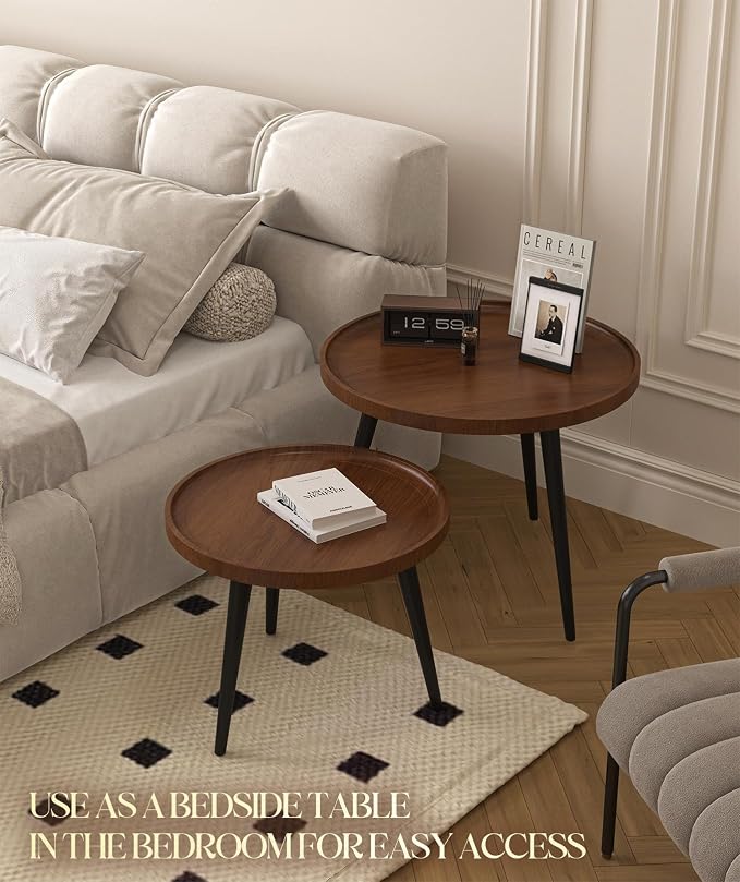 2-Piece Walnut Coffee Table, Durable Mid Century Small Round Coffee Tables - Image 5