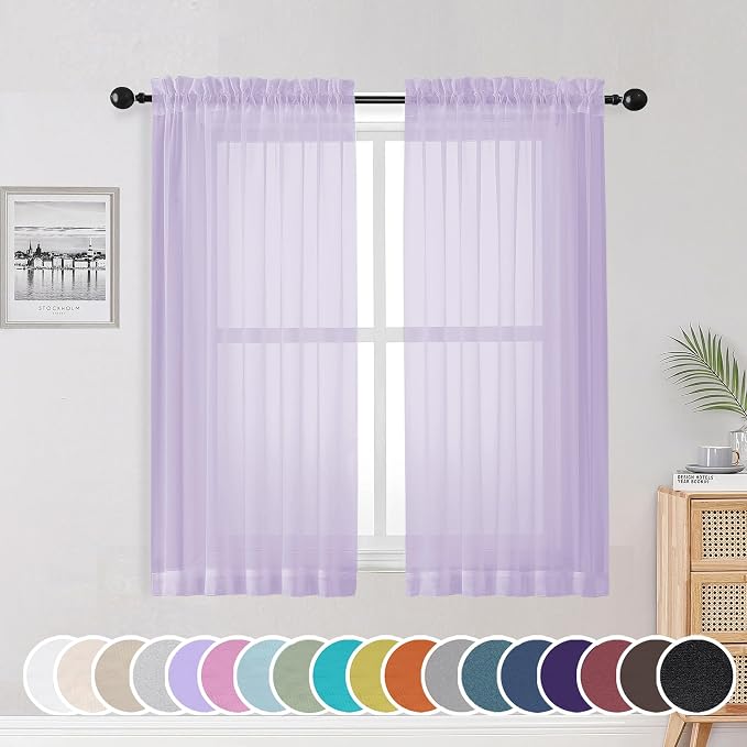 Light Purple Sheer Curtains 54 Inch Length 2 Panels Set, Rod Pocket Voile Sheer by OWENIE