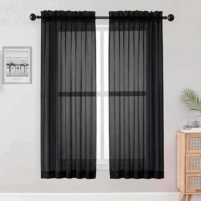 Black Sheer Curtains 68 Inch Length 2 Panels Set by OWENIE