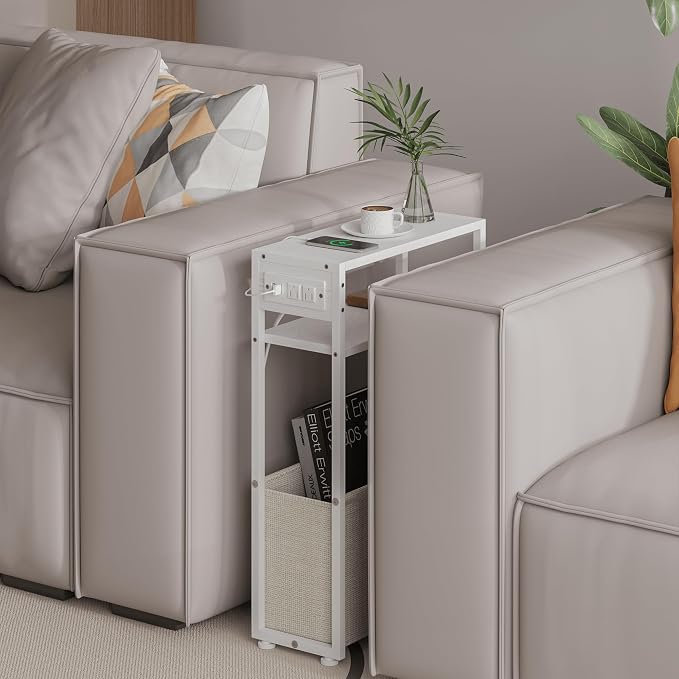 Leomonio White Side Table with Charging Station, Slim End Tables with Linen - Image 5