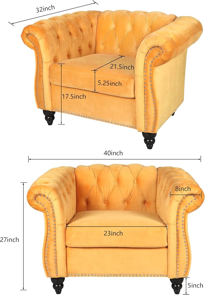 ORRD 2 Piece Living Room Set, Velvet Chesterfield Sofa Couch Chair - Image 2