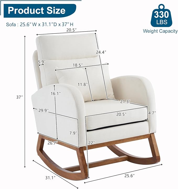 VINGLI Beige Linen Nursery Rocking Chair - Image 2