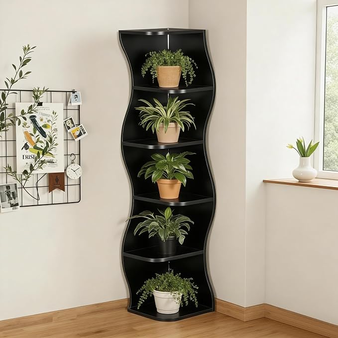 VECELO Wavy Corner Shelf with LED Light, Decorative 6-Tier Corner Display - Image 6