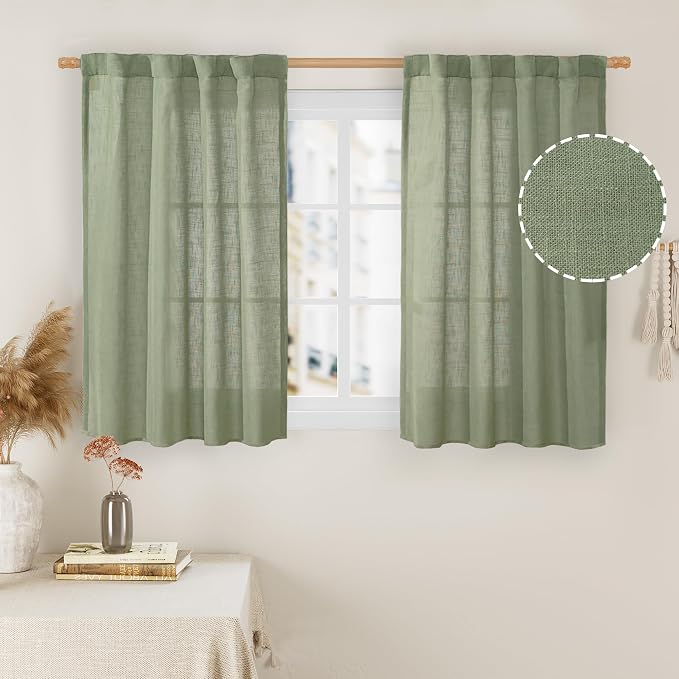 Kitchen Window Linen Curtains 40 Inch Length 2 Panels, Sage Green | Semi Sheer by LAMIT
