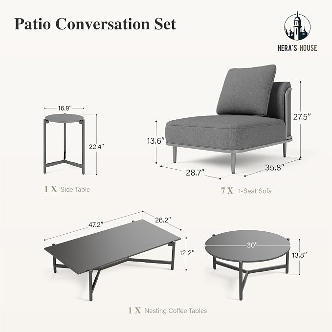 HERA'S HOUSE Metal Patio Furniture Set, Modular 7 Seats, 1 Nesting Coffee - Image 9