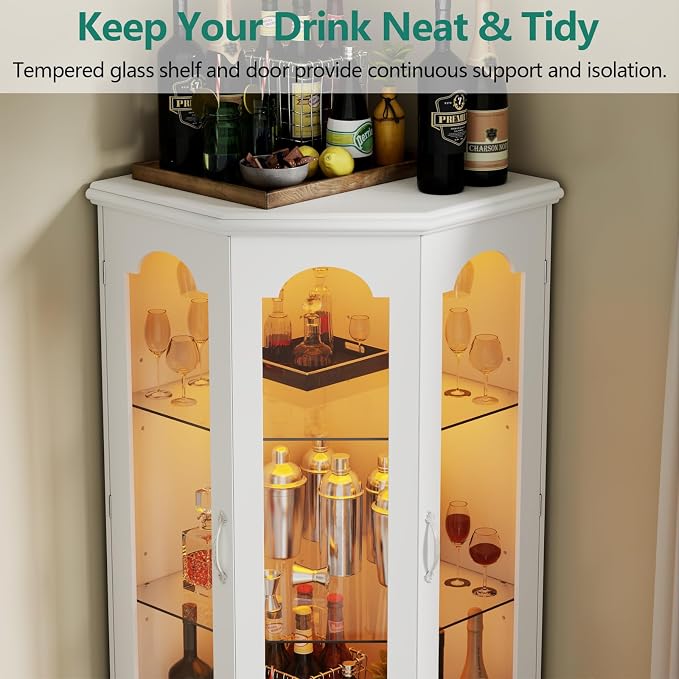 Gyfimoie Corner Bar Cabinet w/LED Lights, Tall Modern Wine Cabinet - Image 7