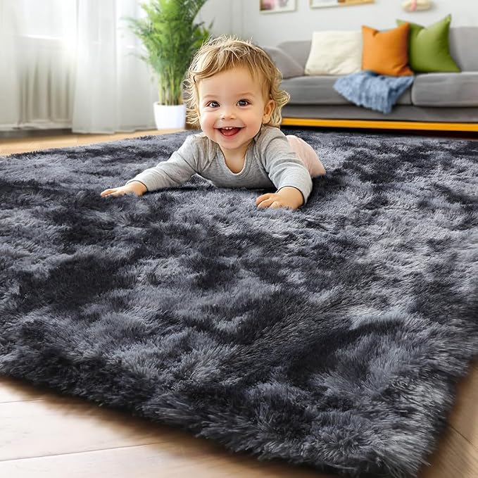8x10 Area Rugs for Living Room, Tie-Dyed Dark Grey Fluffy Shag Large Bedroom Rug - Image 7