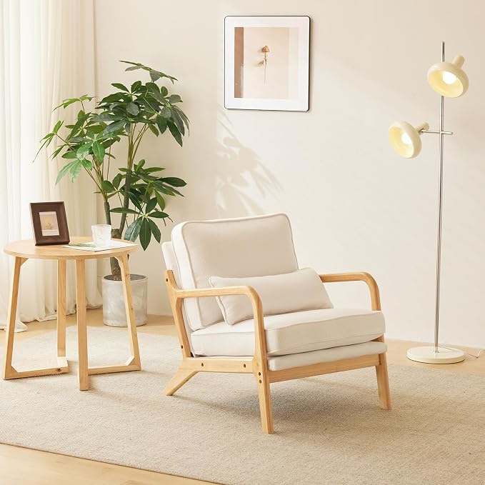 Bonnlo Coarse Linen Beige Mid Century Modern Accent Chair, Soild Wood Padding - Image 4