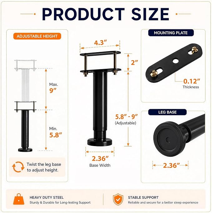 6Pcs Bed Frame Support Leg, Adjustable Height 5.8"-9", Extra Sturdy Steel Bed - Image 2