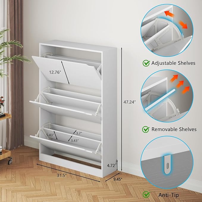 BORNOON Shoe Cabinet with 3 Flip Drawers, Hidden Wood Shoe Cabinet, - Image 2