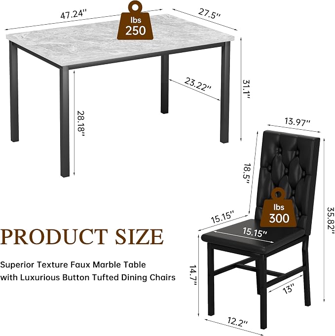 Hooseng Dining Table Set for 4, Faux Marble Small Kitchen Table Chairs Set of 4 - Image 6