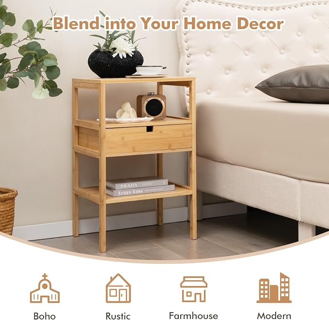 Giantex Bamboo Nightstands Set of 2, Wood Side Tables - Image 7