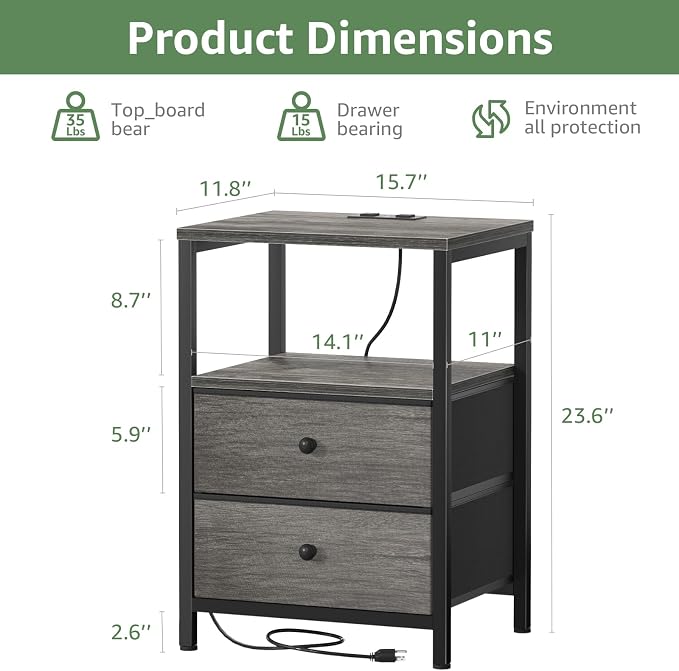 BOLUO Gray Nightstand with Charging Station, LED Night Stand with 2 Fabric - Image 3