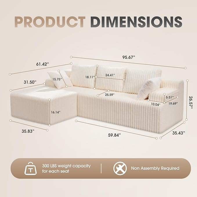 Hobestluk Modular Sectional Sofa Couches L-Shape Couch 3 Seat Modular Sofa - Image 2