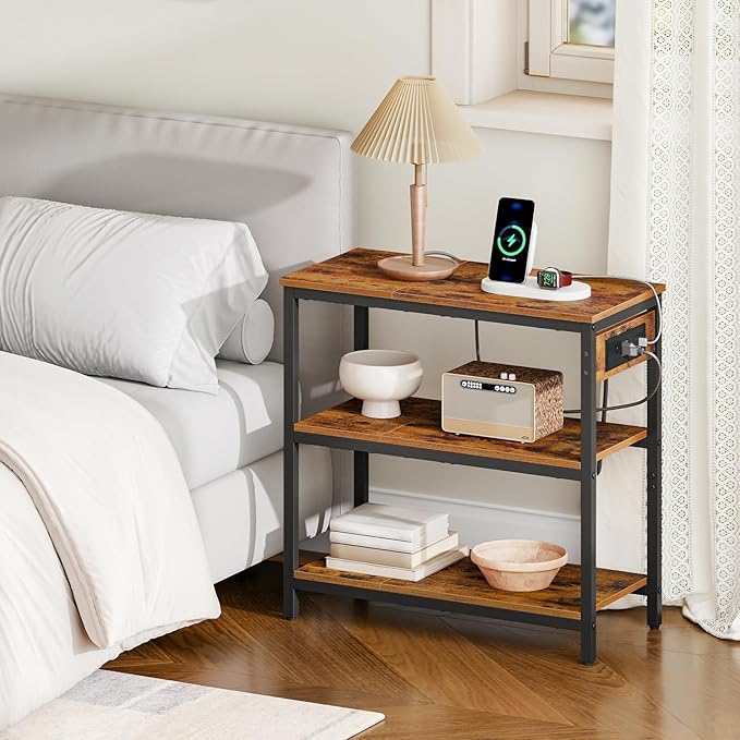 HOOBRO End Table with Charging Station, Simple Rustic Side Table with 3-Tier - Image 4