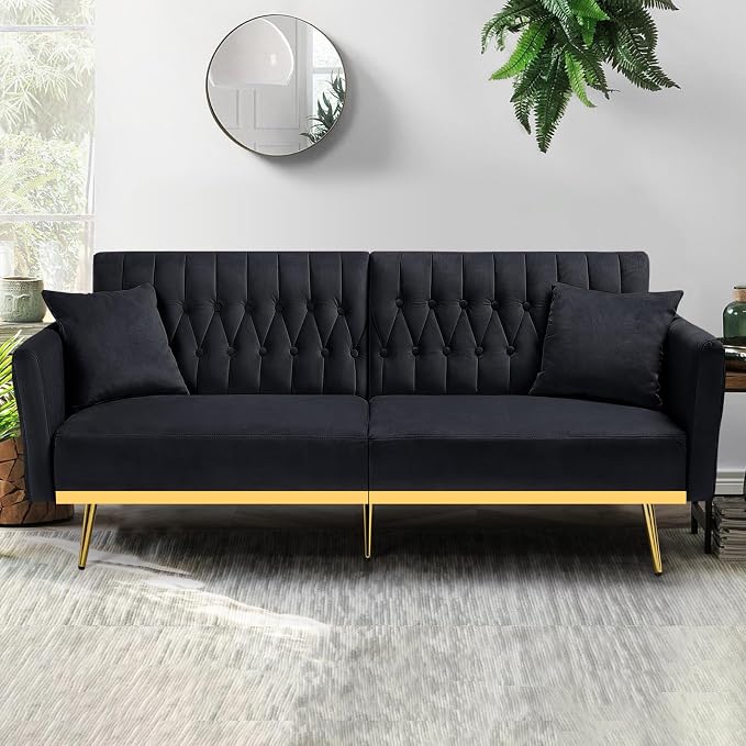 70” Velvet Futon Sofa Bed with 2 Pillows and Adjustable Armrests, Convertible - Image 2