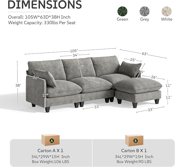 Ihanherry 105" Modular Sectional Sofa, L-Shaped Cloud Couch - Image 9